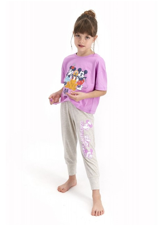 Pijama pentru fetite Disney, bluza cu maneca scurta si pantaloni lungi, imprimeu Mickey & Friends, m, Mov