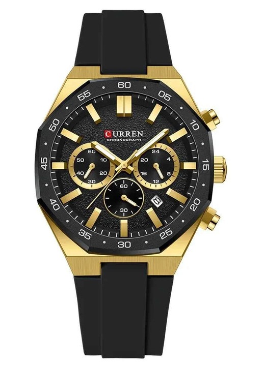 Férfi óra Curren 8489 fekete-arany, kronográf, szilikon szíjjal, 43mm