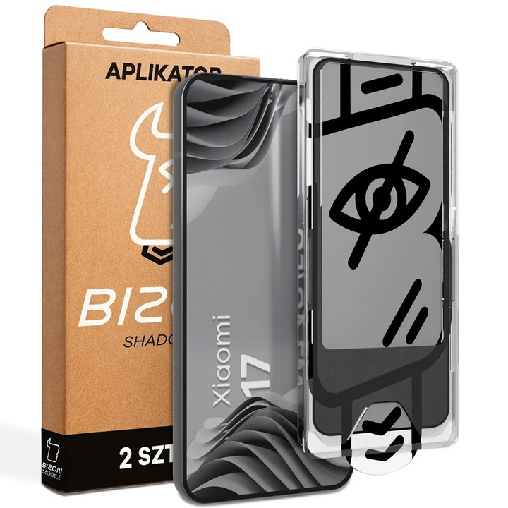 Sticla privacy cu rama de montare Bizon Glass Aplikator Shadow pentru Xiaomi 17, 2 bucati