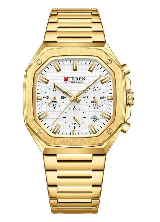 Férfi óra Curren 8459 arany színű, fehér számlappal, 39mm tok átmérő, rozsdamentes acél karkötő