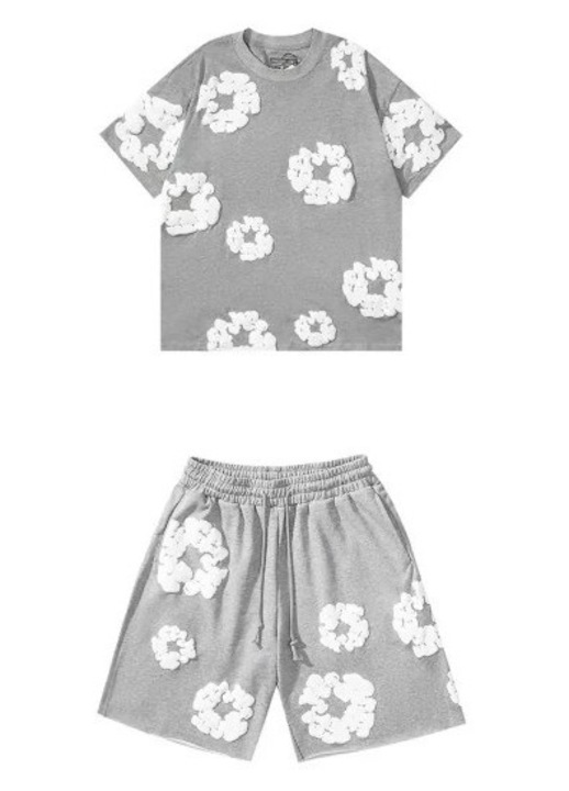 Set tricou si pantaloni scurti, imprimeu floral, barbati, poliester, vara, moda urbana, gri