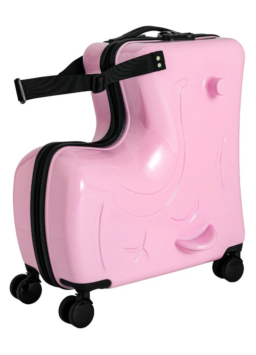 Troler copii, Ride-on bagaj de mana 51 cm, Roti spinner duble, Suporta 30 kg, Pentru 3–6 ani, PC policarbonat, Roz