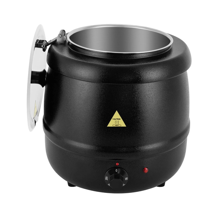 Incalzitor de supa, Oala electrica 10 L, 400 W, Termostat 35–80 °C, Insertie si capac din inox 316, 220 V, De sine statator, Negru