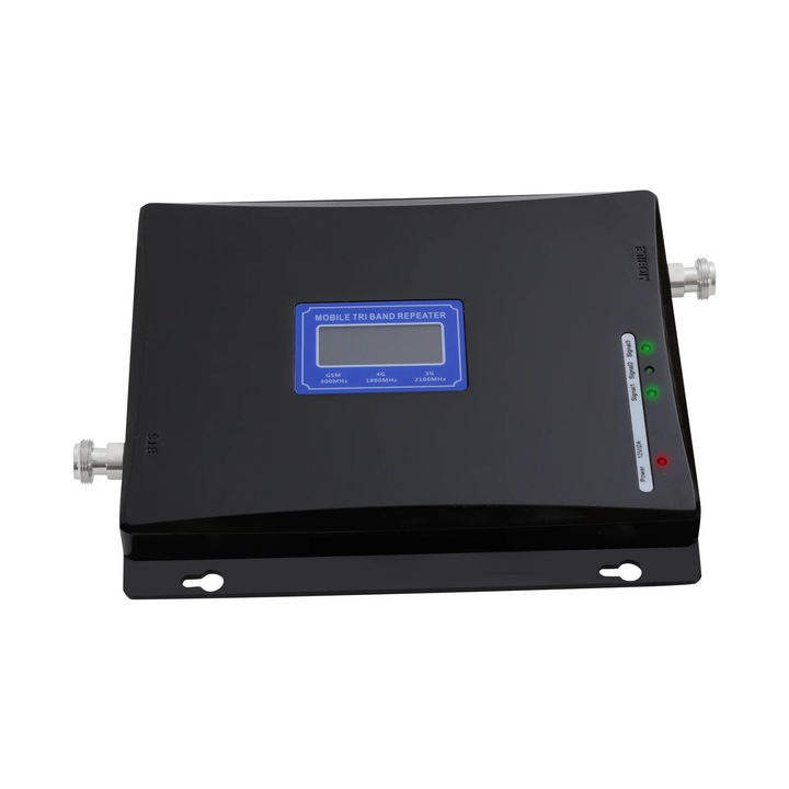 Amplificator semnal telefon mobil, Repetor tri-band, GSM 900/4G 1800/3G 2100, Acoperire pana la 200 m², Alimentare 100–240V AC, 12V 2A, Carcasa metalica, Negru