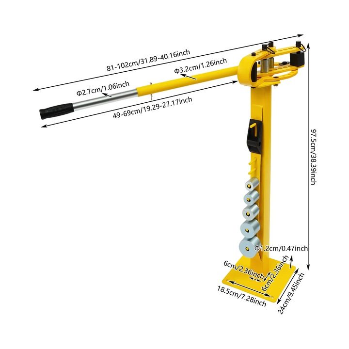 Csőhajlító készülék/gép, Kézi, 0–200°, Kapacitás 8×32 mm/6×50 mm, Formák Ø 2,5–7,6 cm, Csövekhez, rudakhoz, laposacélhoz, Sárga