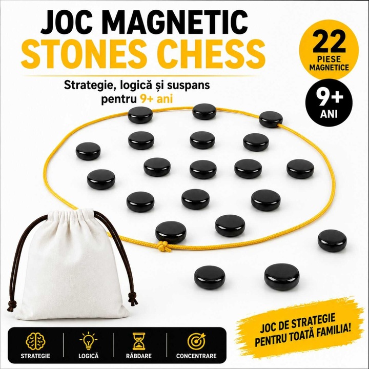 Joc Magnetic Stones Chess, MicoStore, cu 22 pietre magnetice, strategie si logica, 9 ani+