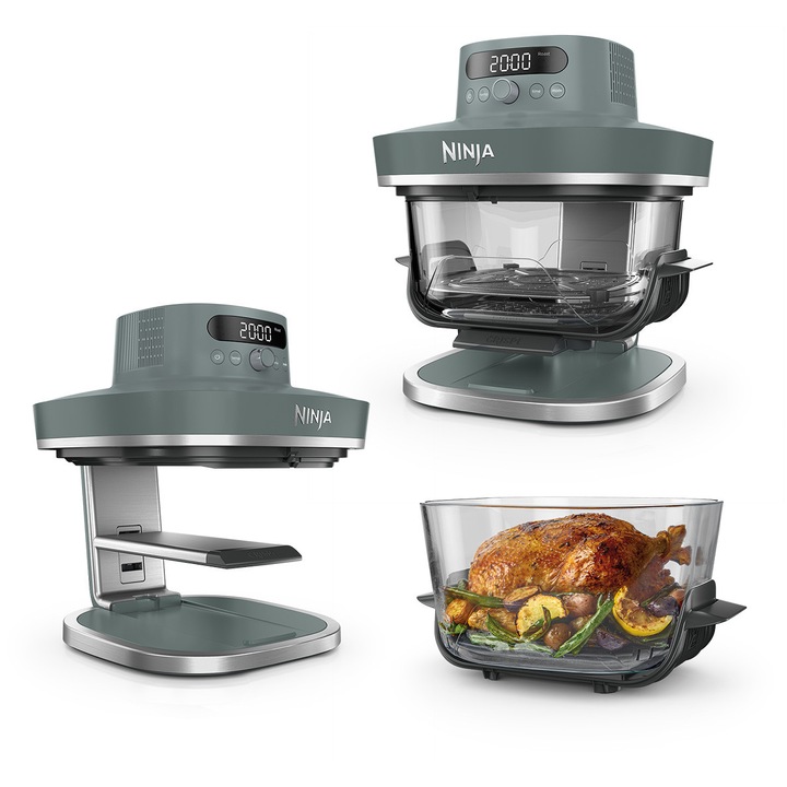 Friteuza cu aer cald Ninja CRISPi PRO XL 7-in-1 AS101EUGY, 2050W, capacitate 5,7L, sistem PowerPod, 2 recipiente sticla termorezistentă TempWare, 2 placi Crisper Plate cu invelis ceramic, baza modulara reglabila, gri