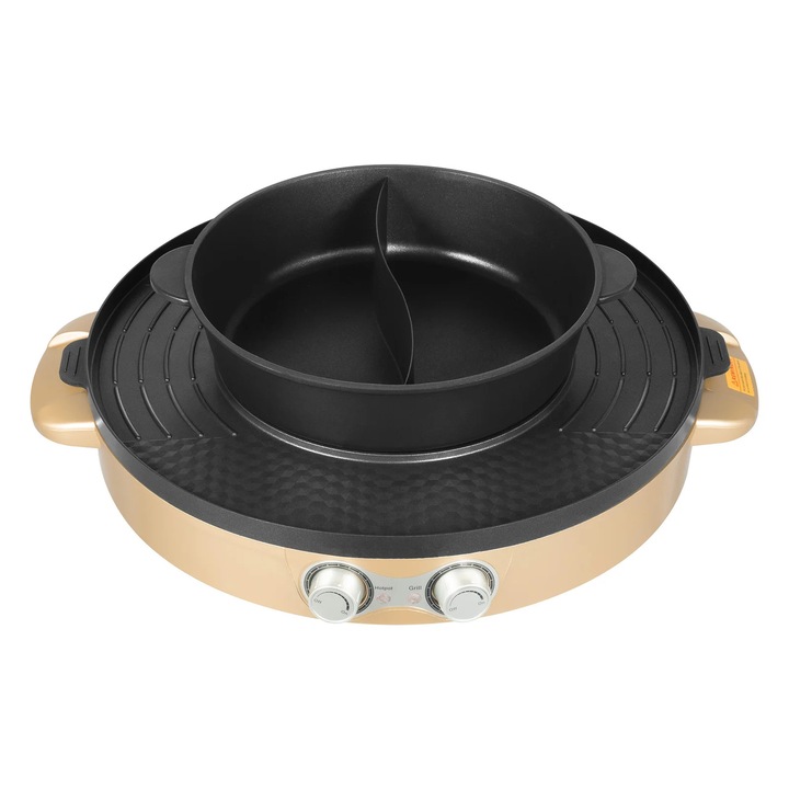Oala electrica hot pot, Hot pot cu gratar, 2200 W, 220 V, Rotund 44 cm, Acoperire antiaderenta, Stecher UE, Auriu