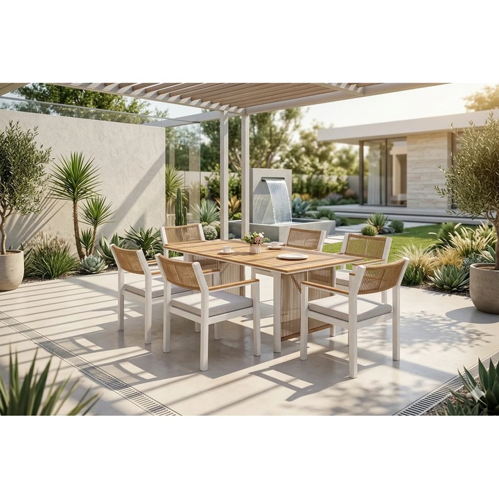 Set de masă de exterior Derman, 7 piese, Alb