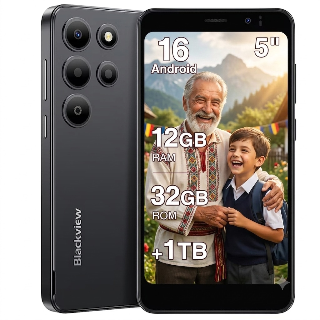 Telefon mobil Blackview Wave 2C, Android 16,12GB+32GB(1TB TF),5"Telefon Palm, Octa Core Unisoc,60Hz,2MP+5MP,3000mAh,2 SIMs, Lupa pentru ecranul telefonului mobil + ajutor pentru citirea textului, GPS/Deblocare faciala, negru