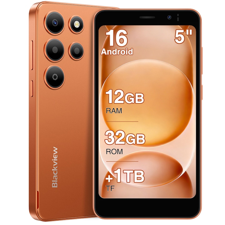 Blackview Wave 2C mobiltelefon, Android 16, 12GB+32GB(1TB TF), 5" Palm telefon, Octa Core Unisoc, 60Hz, 2MP+5MP, 3000mAh, 2 SIM, Nagyító a mobiltelefon képernyőjéhez + szövegolvasó segéd, GPS/Arcfeloldás, narancs