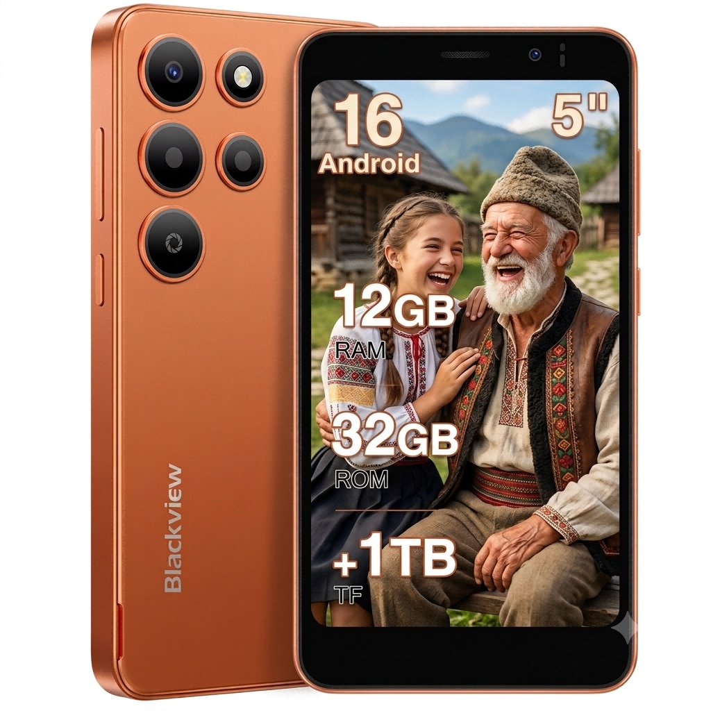 Telefon mobil Blackview Wave 2C, Android 16,12GB+32GB(1TB TF),5"Telefon Palm, Octa Core Unisoc,60Hz,2MP+5MP,3000mAh,2 SIMs, Lupa pentru ecranul telefonului mobil + ajutor pentru citirea textului, GPS/Deblocare faciala, portocale