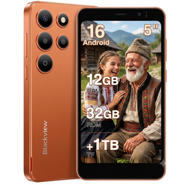 Смартфон Blackview Wave 2C, Android 16, 12GB+32GB (1TB TF), 5" Palm телефон, Octa Core Unisoc, 60Hz, 2MP+5MP, 3000mAh, 2 SIM карти, Лупа за екран на мобилен телефон + помощ за четене на текст, GPS/Лицево разпознаване, оранжев