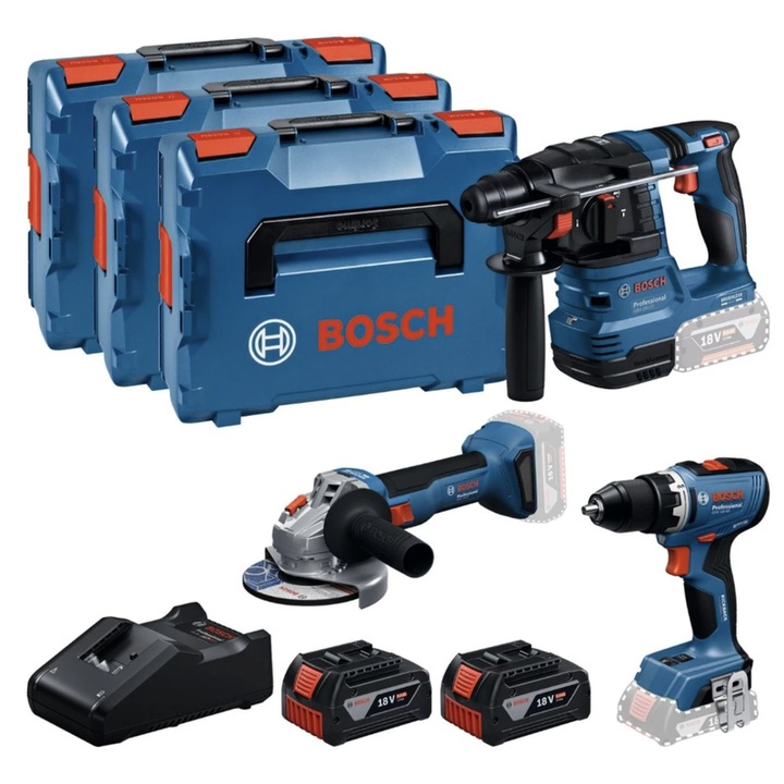 Set scule cu acumulator, Bosch Profesional, masina de gaurit si insurubat + polizor unghiular + ciocan rotopercutor, cu 2 acumulatori, 18 V, 5 Ah, cu 3 valize