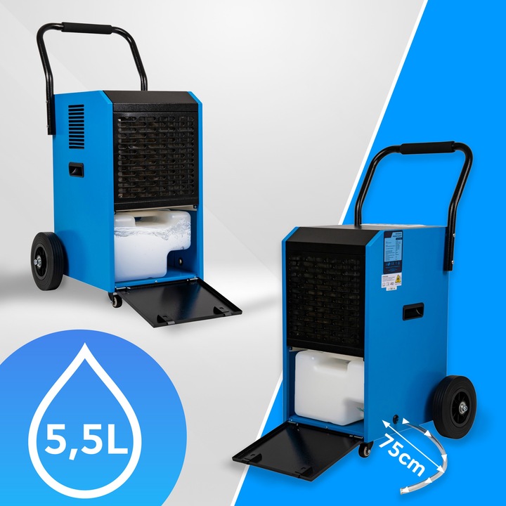 Dezumidificator De Aer Industrial Si De Constructii, Techglobe, Capacitate 70L/24H, Putere 650W, Suprafata Pana La 150 M2, Rezervor 5.5L, Panou Tactil Led, Functie Antifrost, Timer, Drenaj Continuu, Absorbtie Umiditate, Portabil Cu Roti