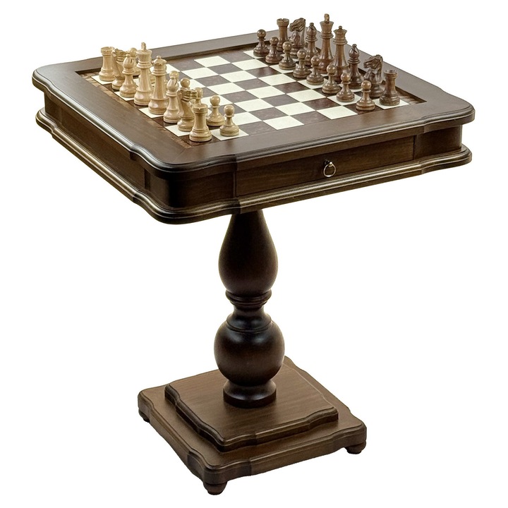 Set sah si dame Italfama, masa lemn tei cu insertie lemn ulm, piese acacia, 58x58x68cm