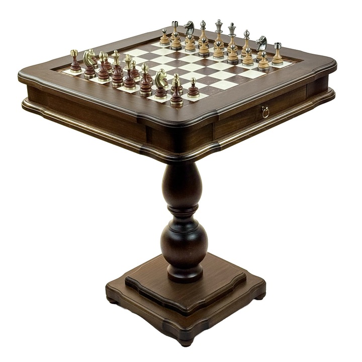 Set sah si dame Italfama, masa lemn linden 58x58x68cm, piese alama si lemn 8cm, lemn natural