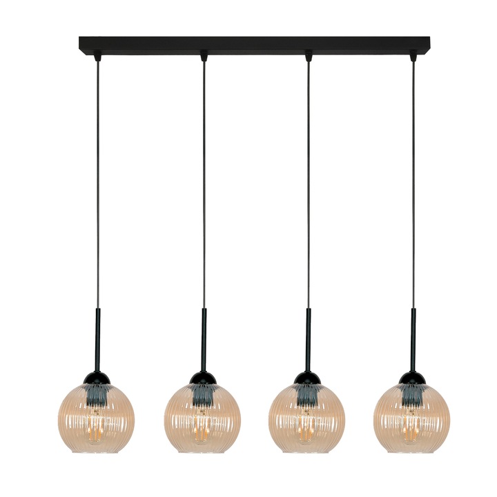 Edylit függőlámpa, modern design, borostyán színű üveg búra, 100x76cm, fekete