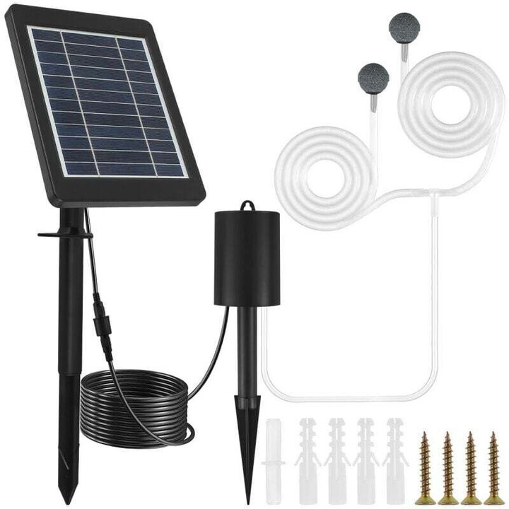 Pompa solara iaz 3W 3 moduri cu tub oxigen si 2 pietre aer, alb, 6Vx3WBx2200mAh