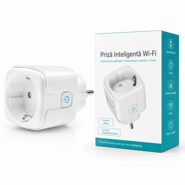 Priza Inteligenta Wi-Fi Smart Socket, Control prin Aplicatie, Monitorizare Consum Energie, Temporizator, Compatibila Alexa si Google Assistant, Alb