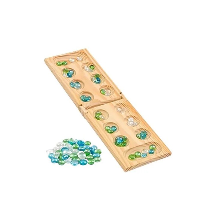 Mancala társasjáték, összecsukható fa, 48 színes golyó, 2 játékos