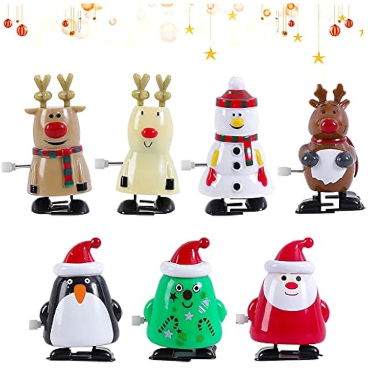 Set 7 jucarii mecanice Craciun, om de zapada, ren, brad, Mos Craciun, pinguin, multicolor, mini