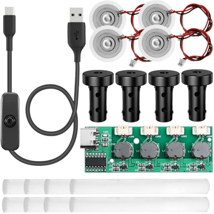 Kit umidificator cu ultrasunete, 4 duze, cablu USB, alb, compact