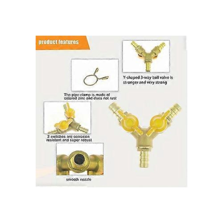 Robinet cu bila trei cai, conector alama, 8mm, clipsuri zinc color, set 3 buc