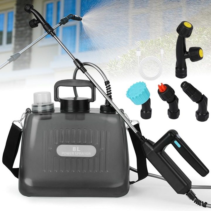 Elektromos kerti permetező, 8l, 6W, 4 fúvókával, Automata öntözés, Újratölthető markolat, Kihúzható lándzsa állítható vállpánttal, Alkalmas növények öntözésére, gyomlálásra, gyep trágyázására és peszticidek permetezésére