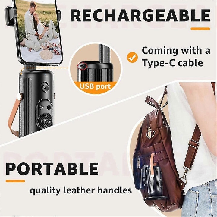 Q04 gimbal képstabilizátor távirányítóval, fekete, 1800mAh, 360°-os forgatás