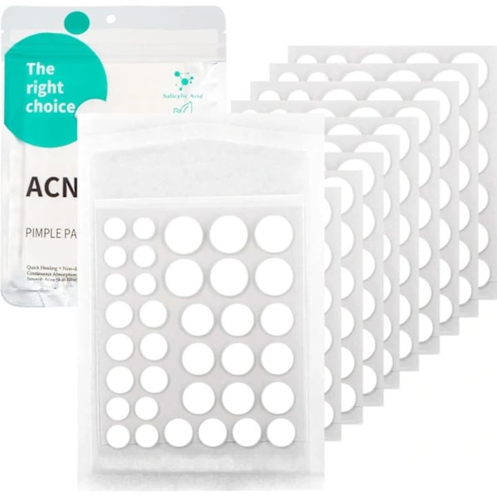 Plasturi pentru acnee hidrocoloizi (pimple patches), ultrasubtiri, invizibile, cu ulei de arbore de ceai si acid salicilic, 5 dimensiuni (8/10/11/12/14 mm), transparent, 350 buc