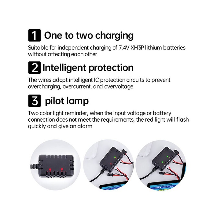 Set 20 bucati, incarcator cablu USB 2S 7.4V XH-3P, incarcare dubla balansata, protectie inteligenta cu indicator LED, negru