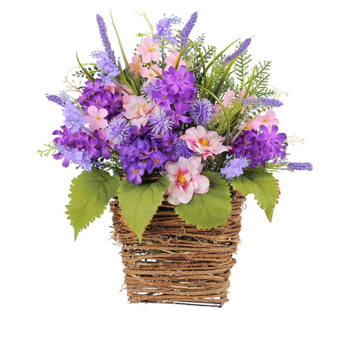 Coronita cu flori hortensie si cos din ratan, multicolor, 30x40cm