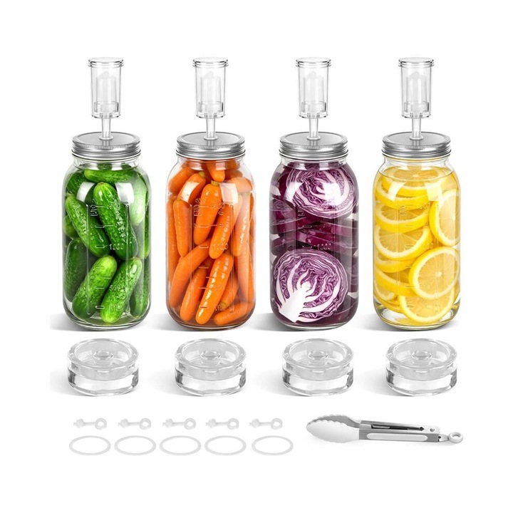 Fermentációs készlet széles szájú befőttesüvegekhez, savanyúság készítő szett, rozsdamentes acél fedelek, üveg súlyok, légzáró rendszer szilikon gyűrűkkel, ezüst/átlátszó, 1 szett
