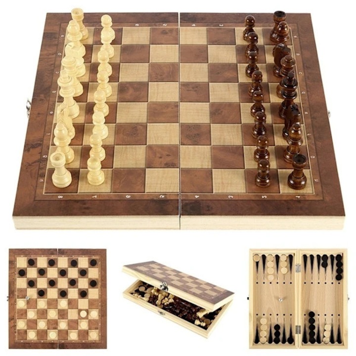 Set sah lemn pliabil magnetic pentru copii si incepatori, natural, 30x30cm