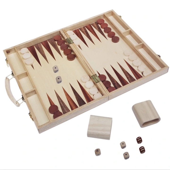 Set table backgammon lemn, 38x25x5.5cm, piese 2.8x2.8x0.8cm, pahar zar 8x5x8cm