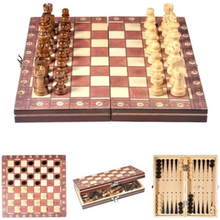 Set sah magnetic pliabil 3 in 1 lemn multicolor 30x30cm