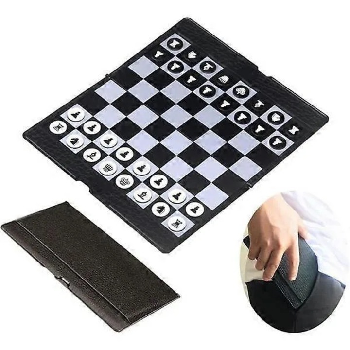 Set sah magnetic pliabil, joc portabil Mini 16 cm, din plastic durabil, piese magnetice, Negru/Alb, 32 piese