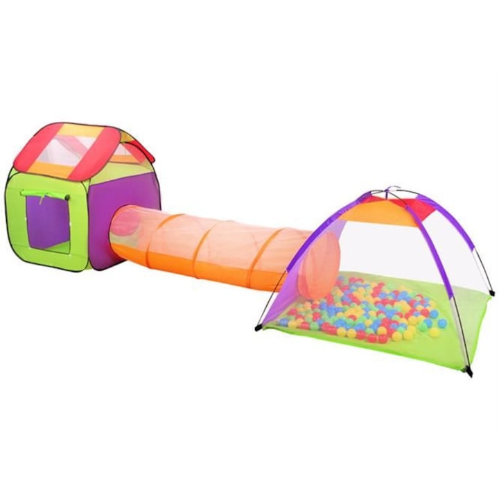 LikeSmart Fun játszótér, UV-védelemmel, 375 x 118 x 96, gyermekeknek, ház, alagút és sátor, 200 db sokszínű labda, tároló táska