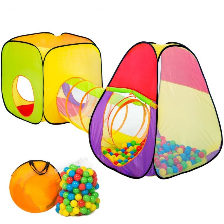 Loc de joaca complet interior/exterior Cort Tip Igloo cu tunel 285 CM lungime, Protectie Soare Vant   200 Bile Multicolore   Husa Transport