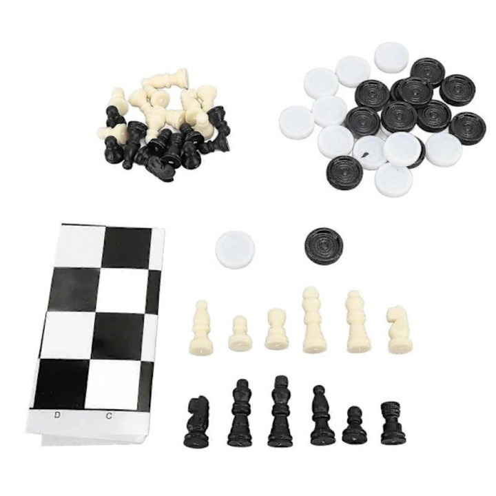 Set sah si dame pliabil portabil 24.5x24.5cm, 32 piese, 24 pioni, plastic