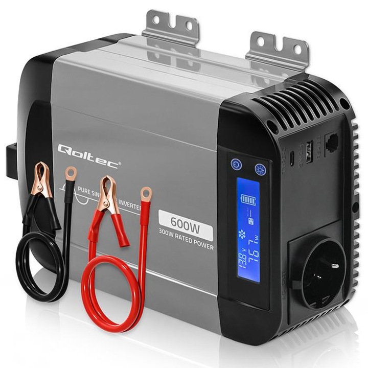 Invertor auto Qoltec Pure Sine Wave 12V 230V 300x600W