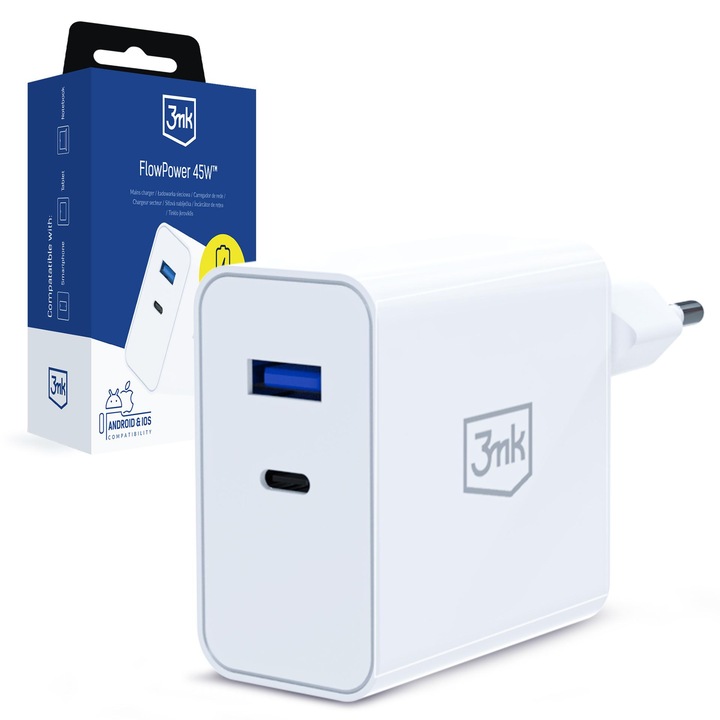 3mk Protection FlowPower 45W töltő, kétportos, fehér, kompakt