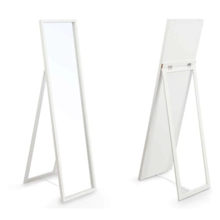 Padlóra vagy falra szerelhető tükör, fehér színű, modern design, elegáns keret, 30 x 120 cm, fa és üveg