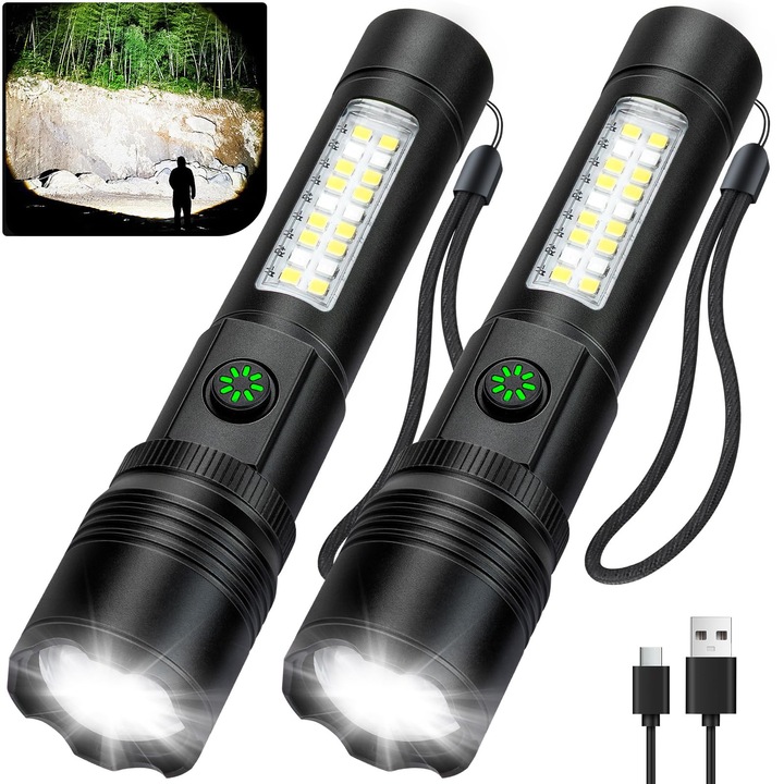 Professzionális LED Zseblámpa Leccik®, 2 darabos szett, 99000 lumen, USB töltés, Vízálló, Újratölthető akkumulátor, Taktikai zseblámpa kempingezéshez, túrázáshoz, horgászathoz és vészhelyzetekhez, Fekete