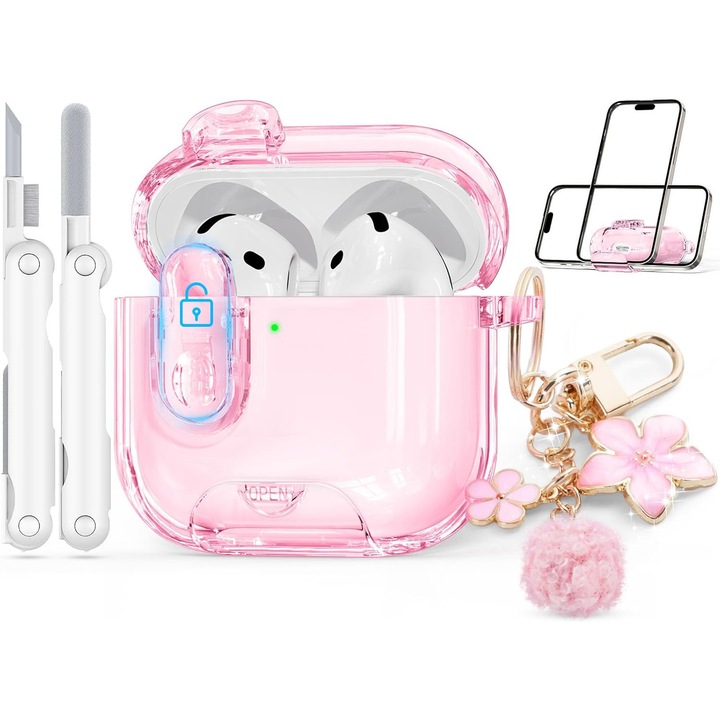 Szilikon védőtok AirPods 4-hez, Zárral és biztonsági tartóval, Karcálló és ütésálló, Teljes védelem, Cseresznye kulccsal, 2 az 1-ben tisztító tollal, OUYLAF, Pink-Transparent