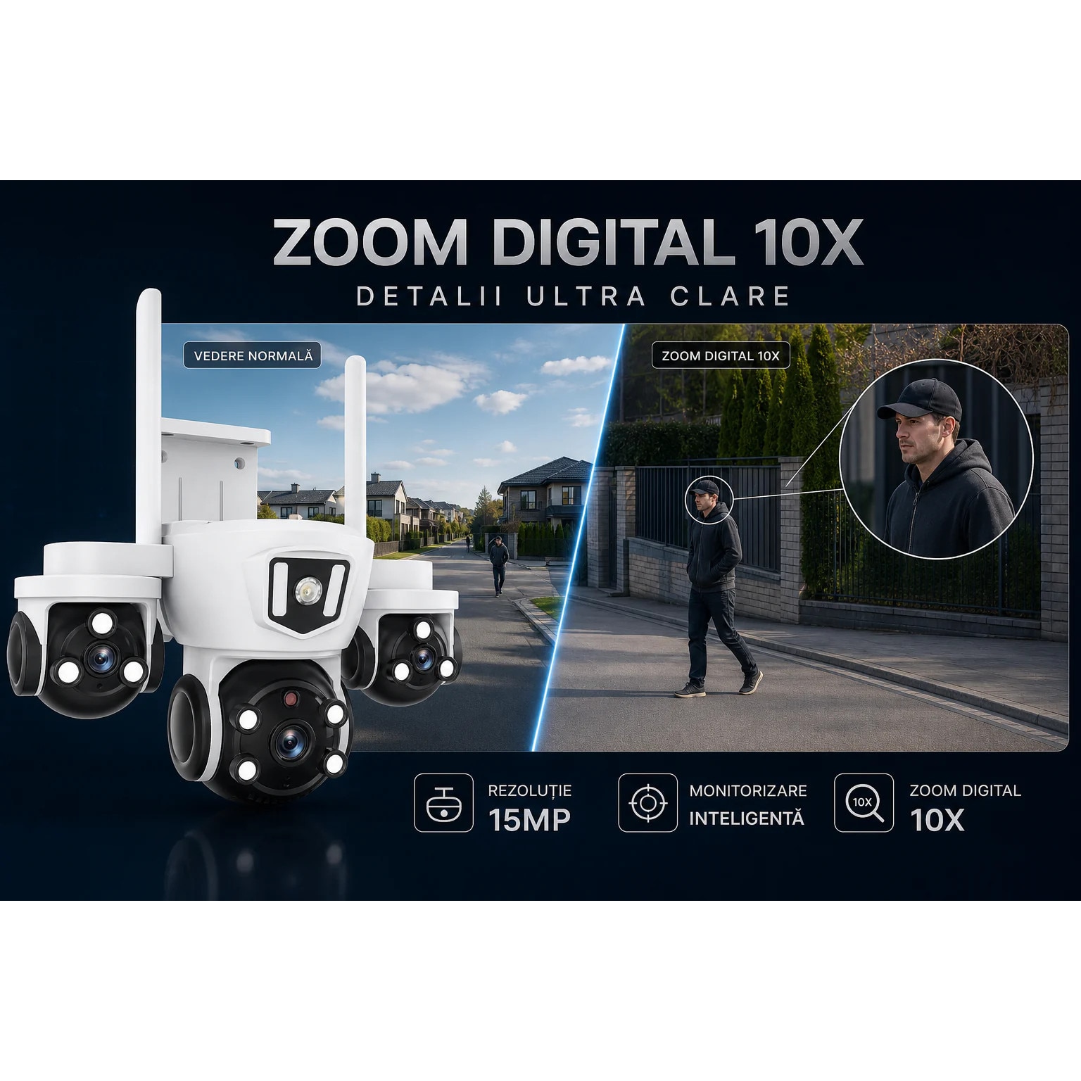 Computer Vision Camera Emag Camera de Supraveghere WiFi 15MP cu 3 Obiective, Zoom Digital 10X ...