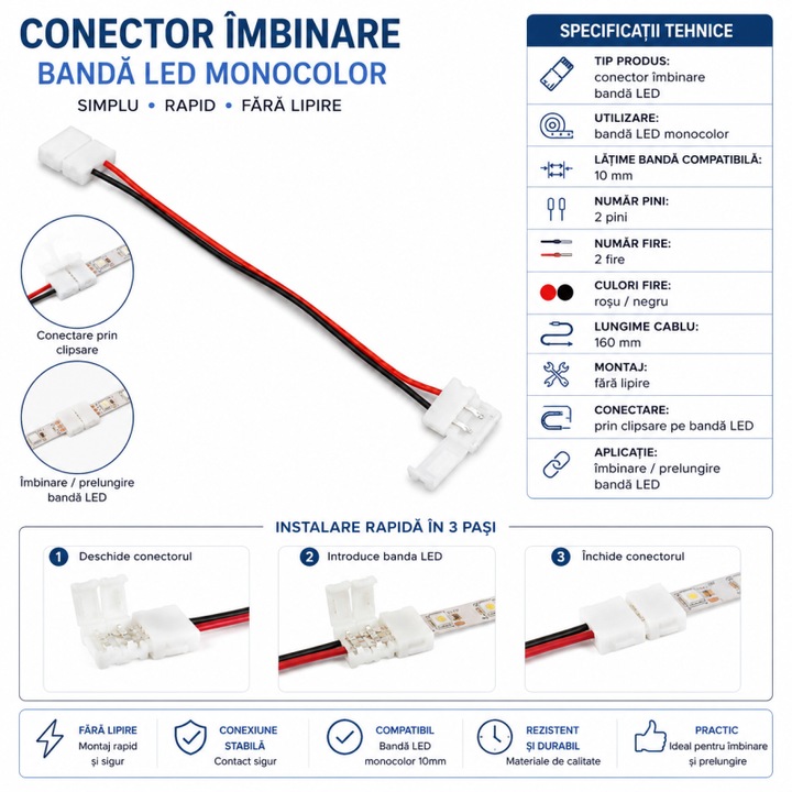 Conector banda led 10mm 2 pini fara lipire