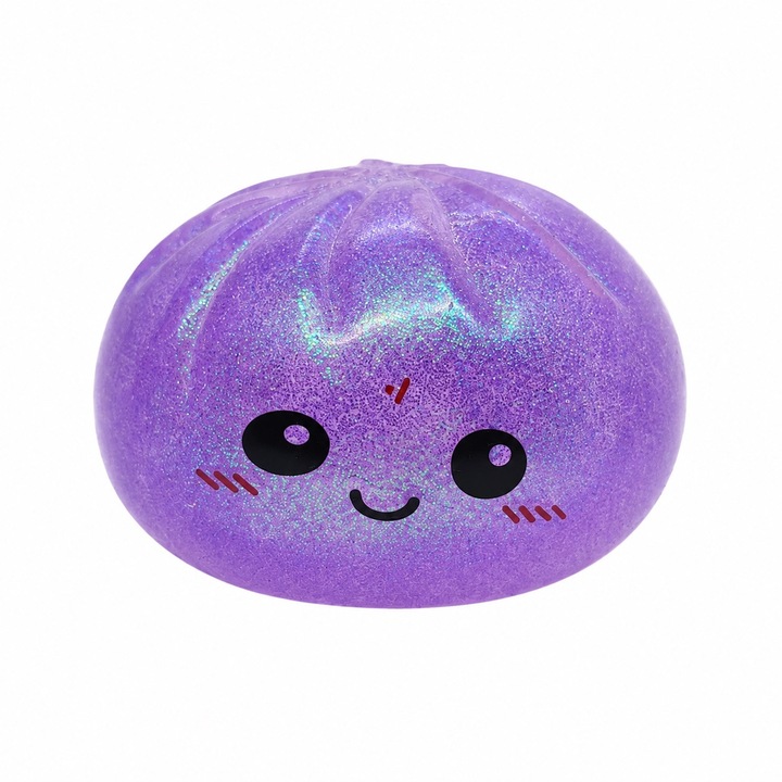 Jucarie Antistres Squishy Luminoasa LED Multicolor, Mov Glitter, Moale si Elastica, Activare prin Lovire, Cutie Inclusa, 80x50 mm