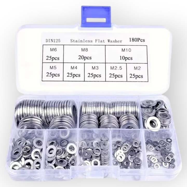 Set 180 Saibe Plate Inox, 8 marimi M2-M10 (M2/M2.5/M3/M4/M5/M6/M8/M10), Rezistente la Coroziune, utilizate in uz casnic, industrial sau in mediul umed